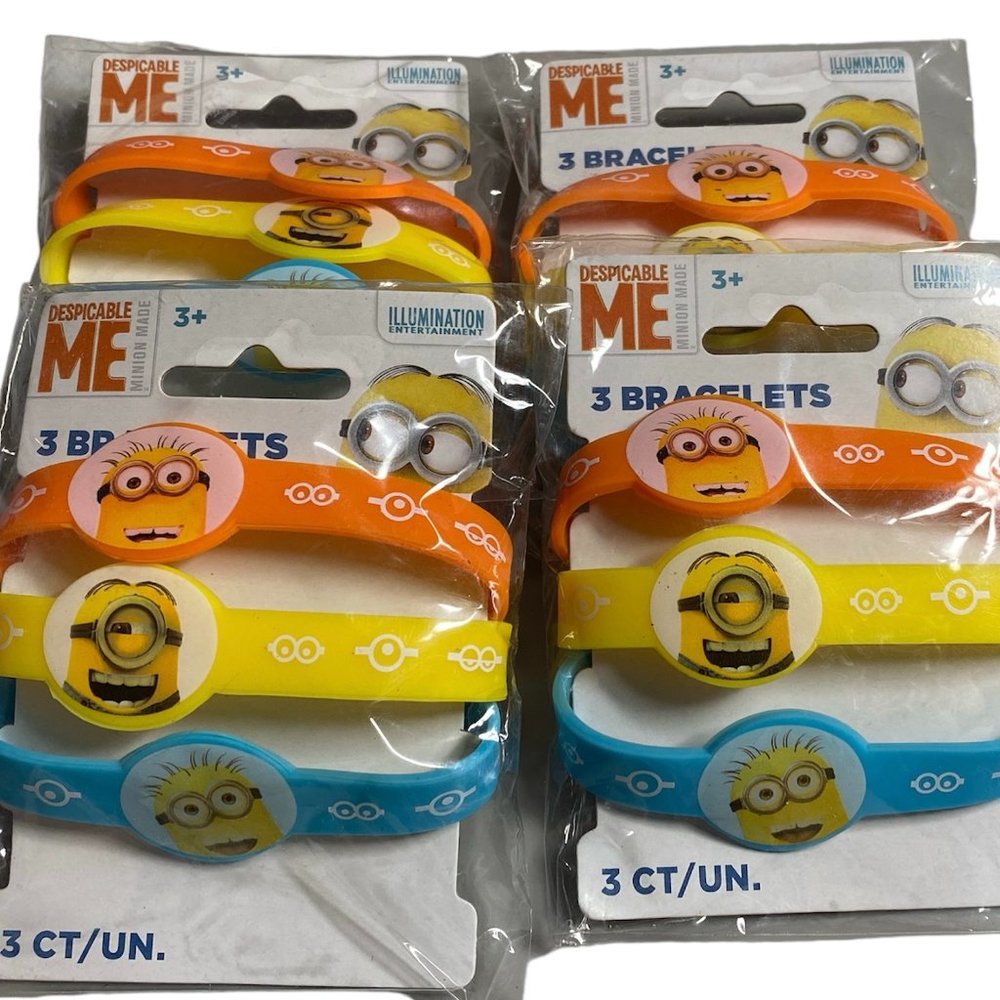 4 Packs Minion Despicable Me Rubber Bracelets Pack of 3 Blue, Yellow and Orange